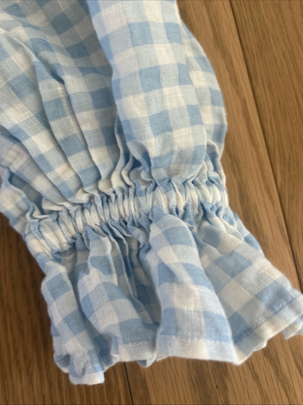 $398 SLEEPER size M Atlanta Off Shoulder Linen Midi Dress Blue Gingham - Picture 5 of 6